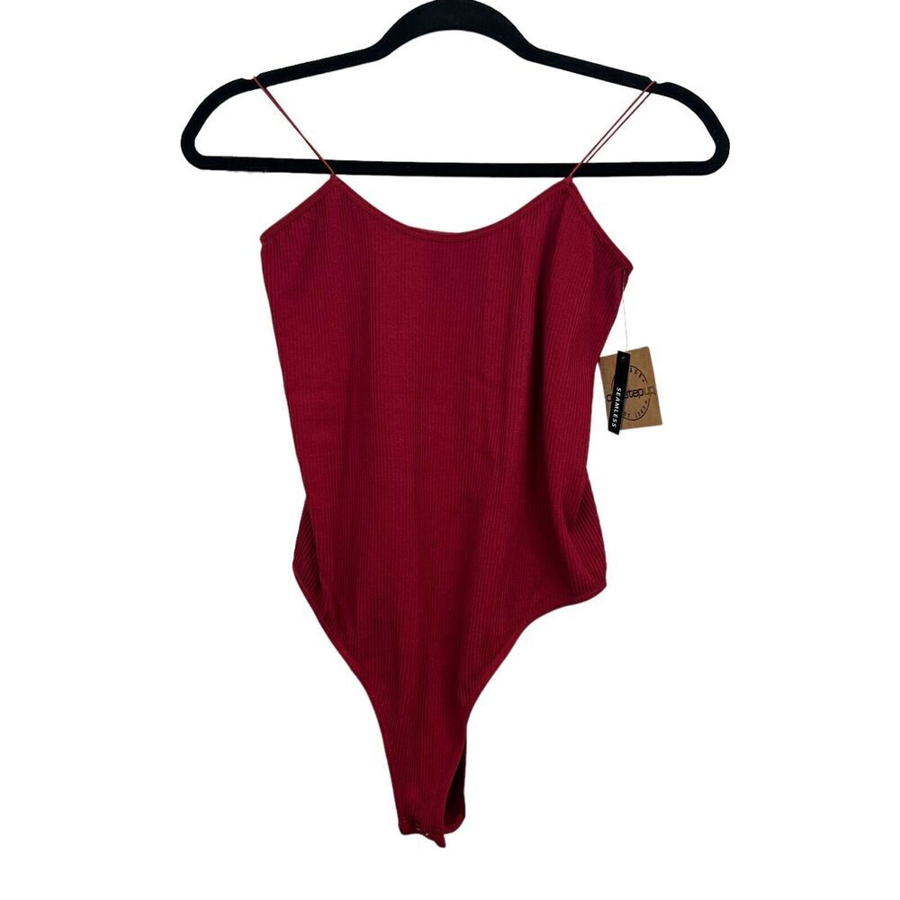 One Step Up Body Suit Stretch Ribbed Spaghetti Strap Snap Bottom Red Women L/XL*